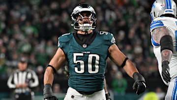 Nov 16, 2025; Philadelphia, Pennsylvania, USA; Philadelphia Eagles linebacker Jaelan Phillips (50) celebrates a sack against the Detroit Lions at Lincoln Financial Field. Mandatory Credit: Eric Hartline-Imagn Images