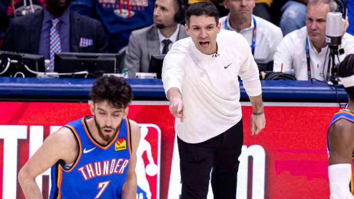 Apr 29, 2024; New Orleans, Louisiana, USA; Oklahoma City Thunder head coach Mark Daigneault gives direction against the New Orleans Pelicans during the first half of game four of the first round for the 2024 NBA playoffs at Smoothie King Center. Mandatory Credit: Stephen Lew-USA TODAY Sports