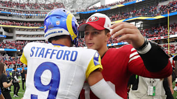San Francisco 49ers quarterback Brock Purdy (R) and Los Angeles Rams quarterback Matthew Stafford (L)