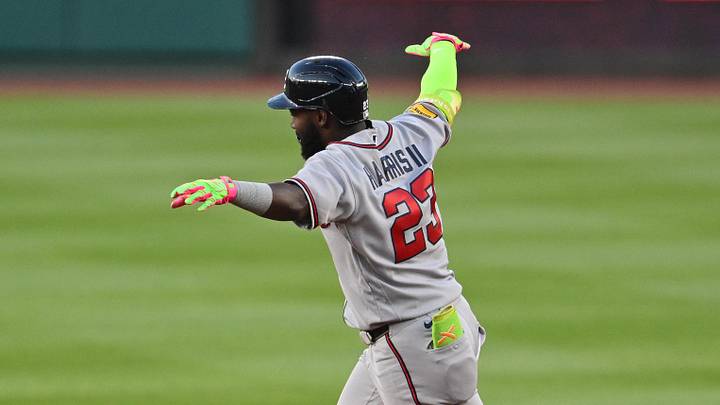 Apr 22, 2026; Washington, District of Columbia, USA;  Atlanta Braves outfielder Michael Harris II (23) celebrates as he rounds the bases after hitting a two-run home run in the second inning against the Washington Nationals at Nationals Park. Mandatory Credit: Jamie Sabau-Imagn Images