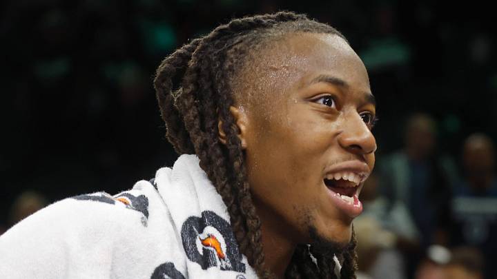 Apr 23, 2026; Minneapolis, Minnesota, USA; Minnesota Timberwolves guard Ayo Dosunmu (13) talks with a reporter after the game with the Denver Nuggets at Target Center. Mandatory Credit: Bruce Kluckhohn-Imagn Images