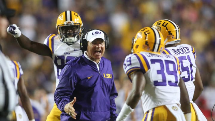 Sep 10, 2016; Baton Rouge, LA, USA;  LSU Tigers head coach Les Miles congratulates Russell Gage (39) after a tackle against the Jacksonville State Gamecocks during the second half at Tiger Stadium. LSU defeated Jacksonville State 34-13. Mandatory Credit: Crystal LoGiudice-USA TODAY Sports