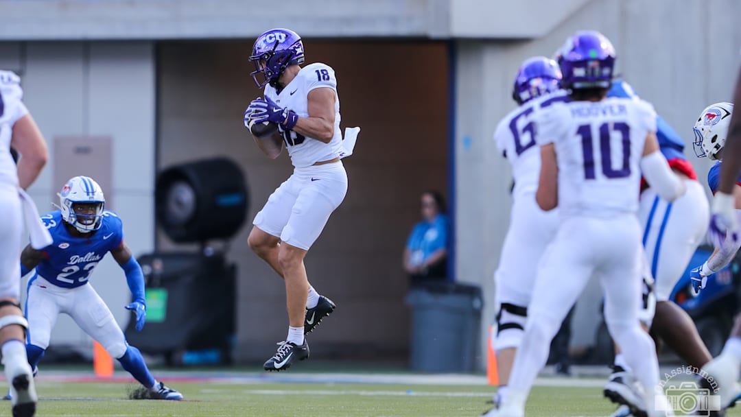 TCU wide receiver makes the catch from Josh Hoover in the first half of the game against SMU on 9/21/24.