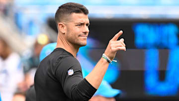 Sep 29, 2024; Charlotte, North Carolina, USA; Carolina Panthers head coach Dave Canales on the field before the game at Bank of America Stadium. Mandatory Credit: Bob Donnan-Imagn Images