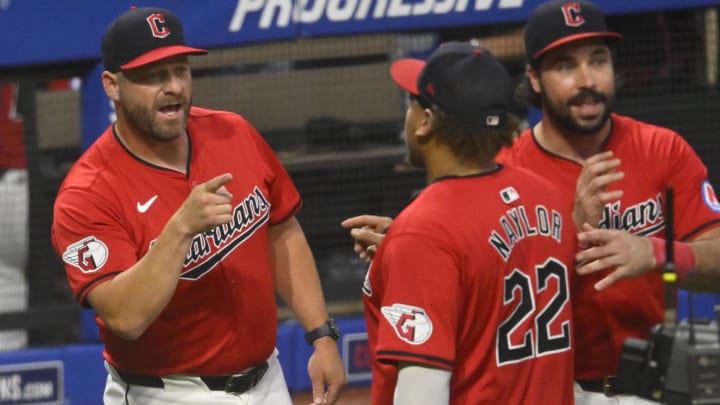 Jul 24, 2024; Cleveland, Ohio, USA; Cleveland Guardians manager Stephen Vogt (12) celebrates with first baseman Josh Naylor (22) after a win over the Detroit Tigers at Progressive Field. Mandatory Credit: David Richard-USA TODAY Sports