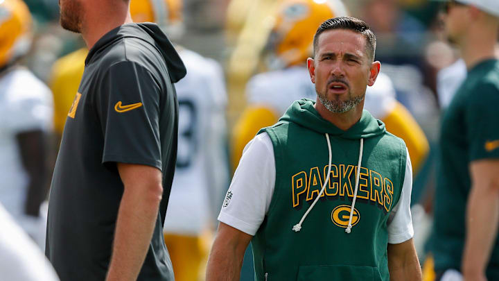 Green Bay Packers head coach Matt LaFleur surveys practice during the first day of training camp.