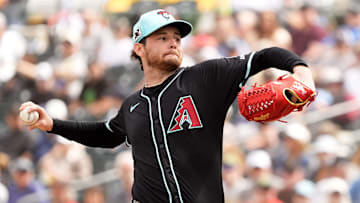 Arizona Diamondbacks starting pitcher Ryne Nelson throws to the Athletics in the first inning during a spring training game at Hohokam Stadium on March 12, 2025, in Mesa.