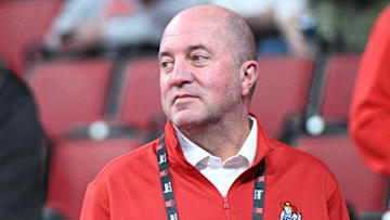 Mar 1, 2025; Lincoln, Nebraska, USA;  Nebraska Cornhuskers athletic director Troy Dannen watches the game between the Nebraska Cornhuskers and the Minnesota Golden Gophers during the first half at Pinnacle Bank Arena. Mandatory Credit: Steven Branscombe-Imagn Images