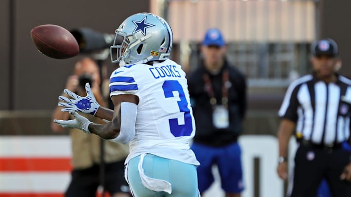 Dallas Cowboys wide receiver Brandin Cooks (3) eyes down a touchdown pass during the first half of an NFL football game at Huntington Bank Field, Sunday, Sept. 8, 2024, in Cleveland, Ohio.