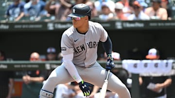 Jul 14, 2024; Baltimore, Maryland, USA;  New York Yankees outfielder Juan Soto (22) stands at bat during the fifth inning against the Baltimore Orioles at Oriole Park at Camden Yards. Mandatory Credit: James A. Pittman-Imagn Images