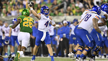 Boise State quarterback Maddux Madsen passes the ball against Oregon.