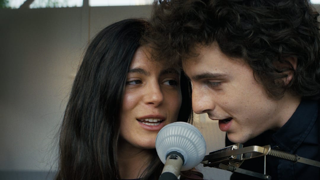 Timothée Chalamet and Monica Barbaro in A COMPLETE UNKNOWN.