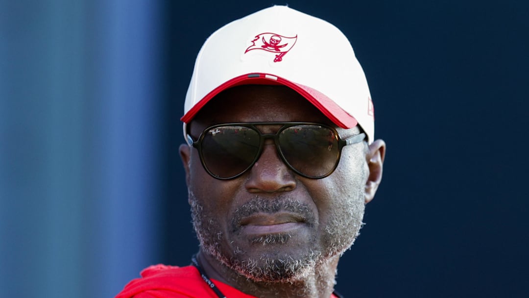 Aug 1, 2025; Tampa, FL, USA; Tampa Bay Buccaneers head coach Todd Bowles looks on before training camp at AdventHealth Training Center. Mandatory Credit: Nathan Ray Seebeck-Imagn Images