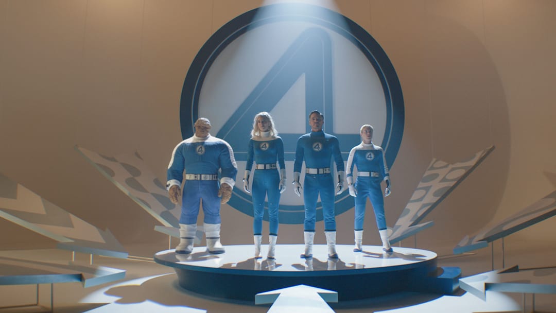 (L-R): Ebon Moss-Bachrach as Ben Grimm/The Thing, Vanessa Kirby as Sue Storm/Invisible Woman, Pedro Pascal as Reed Richards/Mister Fantastic and Joseph Quinn as Johnny Storm/Human Torch in 20th Century Studios/Marvel Studios' THE FANTASTIC FOUR: FIRST STEPS. Photo courtesy of 20th Century Studios/Marvel Studios. © 2025 20th Century Studios / © and ™ 2025 MARVEL.