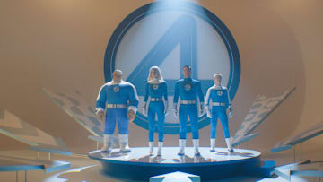 (L-R): Ebon Moss-Bachrach as Ben Grimm/The Thing, Vanessa Kirby as Sue Storm/Invisible Woman, Pedro Pascal as Reed Richards/Mister Fantastic and Joseph Quinn as Johnny Storm/Human Torch in 20th Century Studios/Marvel Studios' FANTASTIC FOUR: FIRST STEPS. Photo courtesy of 20th Century Studios/Marvel Studios. © 2025 20th Century Studios / © and ™ 2025 MARVEL.
