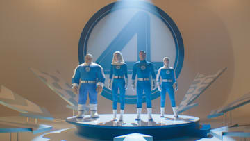 (L-R): Ebon Moss-Bachrach as Ben Grimm/The Thing, Vanessa Kirby as Sue Storm/Invisible Woman, Pedro Pascal as Reed Richards/Mister Fantastic and Joseph Quinn as Johnny Storm/Human Torch in 20th Century Studios/Marvel Studios' FANTASTIC FOUR: FIRST STEPS. Photo courtesy of 20th Century Studios/Marvel Studios. © 2025 20th Century Studios / © and ™ 2025 MARVEL.