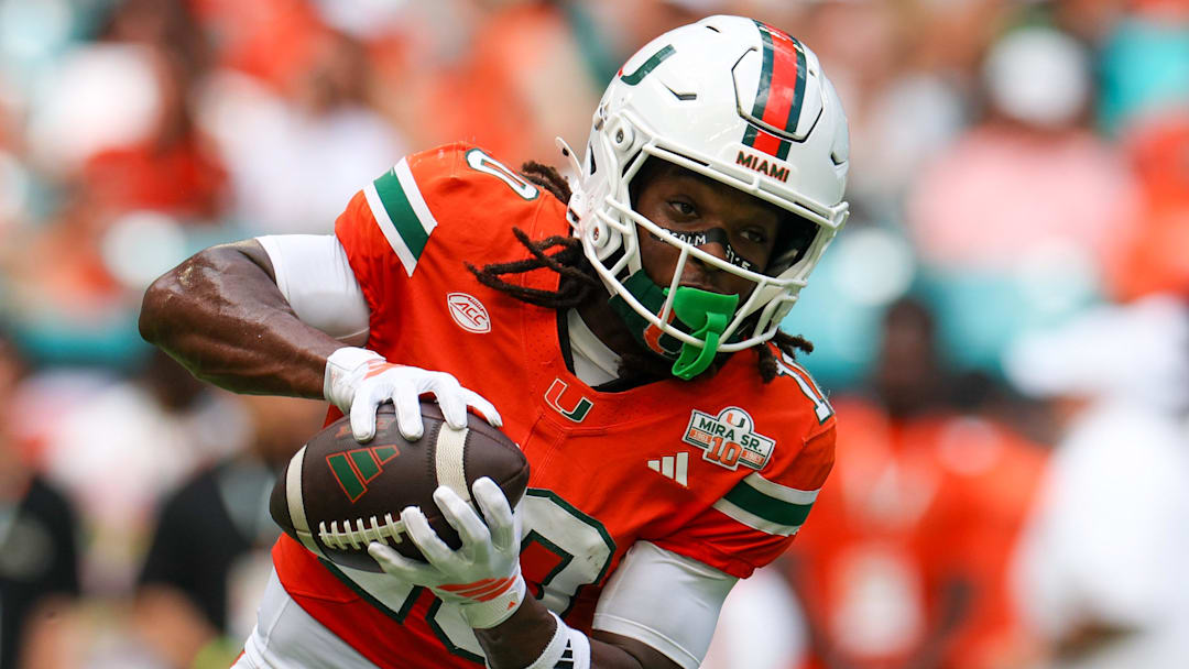 Miami Hurricanes wide receiver Malachi Toney (10) warms up before a game against the South Florida Bulls at Hard Rock Stadium. 