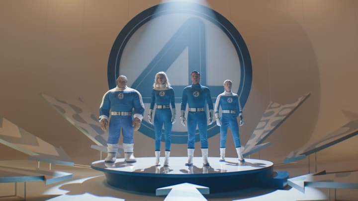 (L-R): Ebon Moss-Bachrach as Ben Grimm/The Thing, Vanessa Kirby as Sue Storm/Invisible Woman, Pedro Pascal as Reed Richards/Mister Fantastic and Joseph Quinn as Johnny Storm/Human Torch in 20th Century Studios/Marvel Studios' THE FANTASTIC FOUR: FIRST STEPS. Photo courtesy of 20th Century Studios/Marvel Studios. © 2025 20th Century Studios / © and ™ 2025 MARVEL.