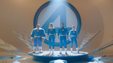 (L-R): Ebon Moss-Bachrach as Ben Grimm/The Thing, Vanessa Kirby as Sue Storm/Invisible Woman, Pedro Pascal as Reed Richards/Mister Fantastic and Joseph Quinn as Johnny Storm/Human Torch in 20th Century Studios/Marvel Studios' FANTASTIC FOUR: FIRST STEPS. Photo courtesy of 20th Century Studios/Marvel Studios. © 2025 20th Century Studios / © and ™ 2025 MARVEL.