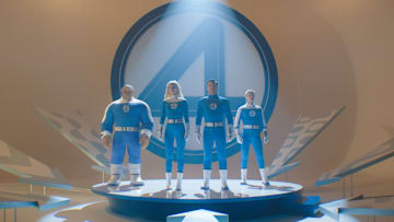 (L-R): Ebon Moss-Bachrach as Ben Grimm/The Thing, Vanessa Kirby as Sue Storm/Invisible Woman, Pedro Pascal as Reed Richards/Mister Fantastic and Joseph Quinn as Johnny Storm/Human Torch in 20th Century Studios/Marvel Studios' FANTASTIC FOUR: FIRST STEPS. Photo courtesy of 20th Century Studios/Marvel Studios. © 2025 20th Century Studios / © and ™ 2025 MARVEL.