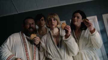 Nick Frost, Sebastian Croft, Maisie Ayres, and Aisling Beain Steffen Haars’GET AWAY. Courtesy of IFC Films and Shudder. An IFC Films and Shudder Release. 