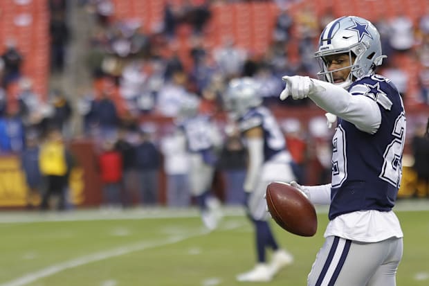 Dallas Cowboys cornerback C.J. Goodwin on the field during warmups prior to the game against the Washington Commanders.