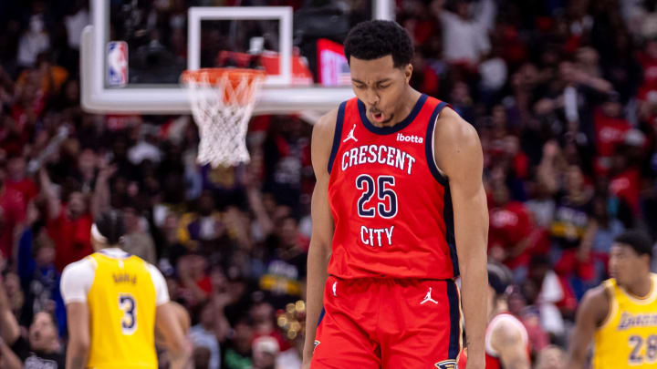 Apr 16, 2024; New Orleans, Louisiana, USA; New Orleans Pelicans guard Trey Murphy III (25) reacts to making a three point basket against the Los Angeles Lakers during the second half of a play-in game of the 2024 NBA playoffs at Smoothie King Center.