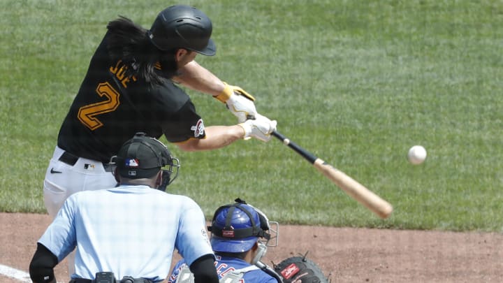 Pittsburgh Pirates right fielder Connor Joe (2) hits an RBI single against the Chicago Cubs during the fifth inning at PNC Park. 