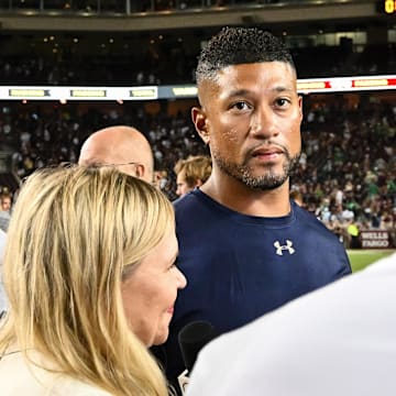 Aug 31, 2024; College Station, Texas, USA; Notre Dame Fighting Irish head coach Marcus Freeman speaks during an interview after the win over against the Texas A&M Aggies at Kyle Field. Mandatory Credit: Maria Lysaker-Imagn Images