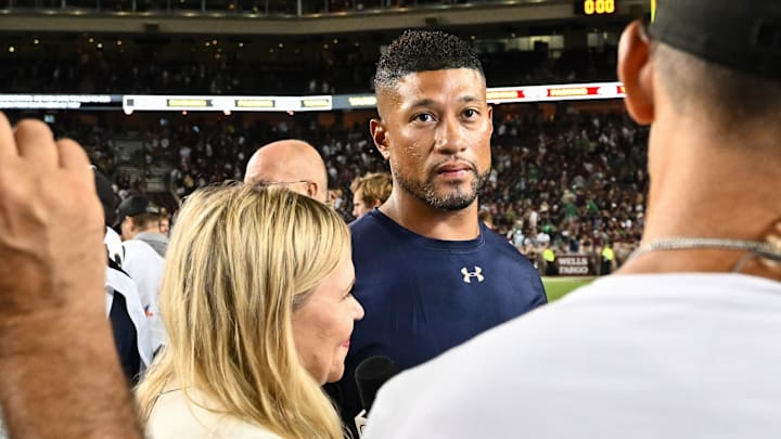 Aug 31, 2024; College Station, Texas, USA; Notre Dame Fighting Irish head coach Marcus Freeman speaks during an interview after the win over against the Texas A&M Aggies at Kyle Field. Mandatory Credit: Maria Lysaker-Imagn Images