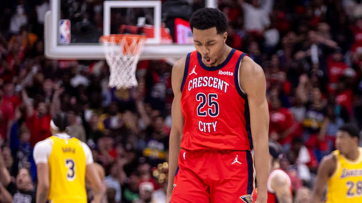 Apr 16, 2024; New Orleans, Louisiana, USA; New Orleans Pelicans guard Trey Murphy III (25) reacts to making a three point basket against the Los Angeles Lakers during the second half of a play-in game of the 2024 NBA playoffs at Smoothie King Center.