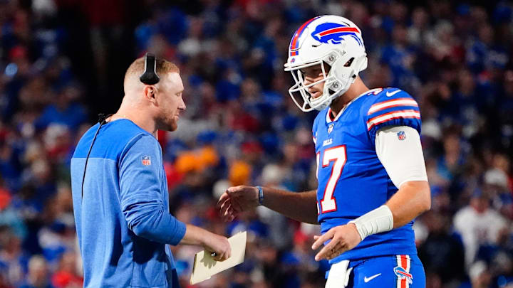 Sep 19, 2022; Orchard Park, New York, USA; Buffalo Bills quarterbacks coach Joe Brady speaks with Buffalo Bills quarterback Josh Allen (17) at a timeout during the first half against the Tennessee Titans at Highmark Stadium. Mandatory Credit: Gregory Fisher-Imagn Images