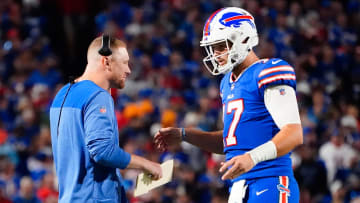 Sep 19, 2022; Orchard Park, New York, USA; Buffalo Bills quarterbacks coach Joe Brady speaks with Buffalo Bills quarterback Josh Allen (17) at a timeout during the first half against the Tennessee Titans at Highmark Stadium. Mandatory Credit: Gregory Fisher-USA TODAY Sports