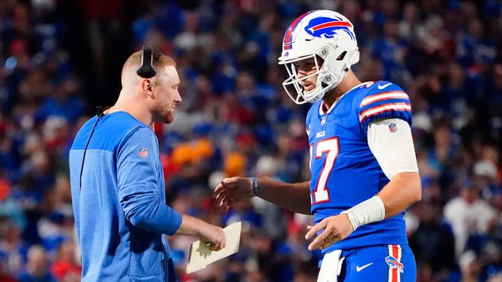 Sep 19, 2022; Orchard Park, New York, USA; Buffalo Bills quarterbacks coach Joe Brady speaks with Buffalo Bills quarterback Josh Allen (17) at a timeout during the first half against the Tennessee Titans at Highmark Stadium. Mandatory Credit: Gregory Fisher-USA TODAY Sports