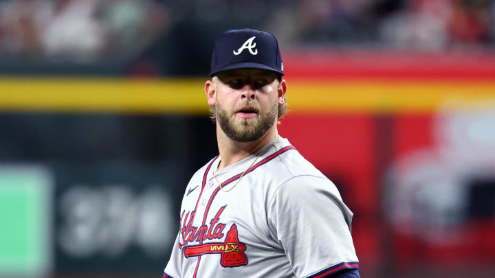 Jul 9, 2024; Phoenix, Arizona, USA; Atlanta Braves pitcher A.J. Minter against the Arizona Diamondbacks at Chase Field. Mandatory Credit: Mark J. Rebilas-USA TODAY Sports