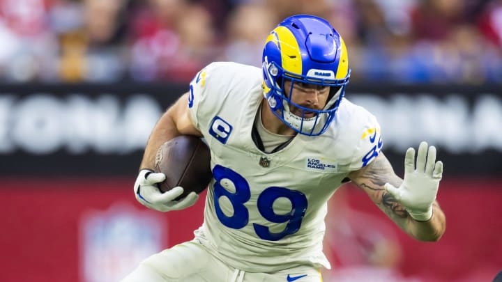 Nov 26, 2023; Glendale, Arizona, USA; Los Angeles Rams tight end Tyler Higbee (89) against the Arizona Cardinals at State Farm Stadium. Mandatory Credit: Mark J. Rebilas-USA TODAY Sports