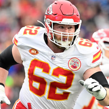 Dec 17, 2023; Foxborough, Massachusetts, USA; Kansas City Chiefs guard Joe Thuney (62)  in action during the first half against the New England Patriots at Gillette Stadium. Mandatory Credit: Eric Canha-USA TODAY Sports
