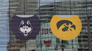 Apr 6, 2024; Cleveland, OH, USA; A general overall view of the NCAA Women's Final Four and South Carolina Gamecocks, NC State Wolfpack, UConn Huskies and Iowa Hawkeyes logos on the the Rocket Mortgage FieldHouse facade. Mandatory Credit: Kirby Lee-Imagn Images