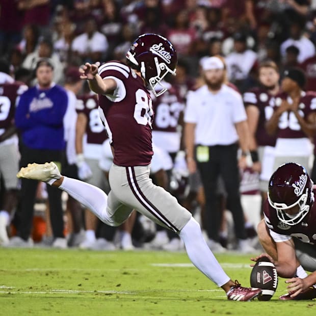 Mississippi State Bulldogs place kicker  Kyle Ferrie (80) kicks a field goal against the Toledo Rockets.