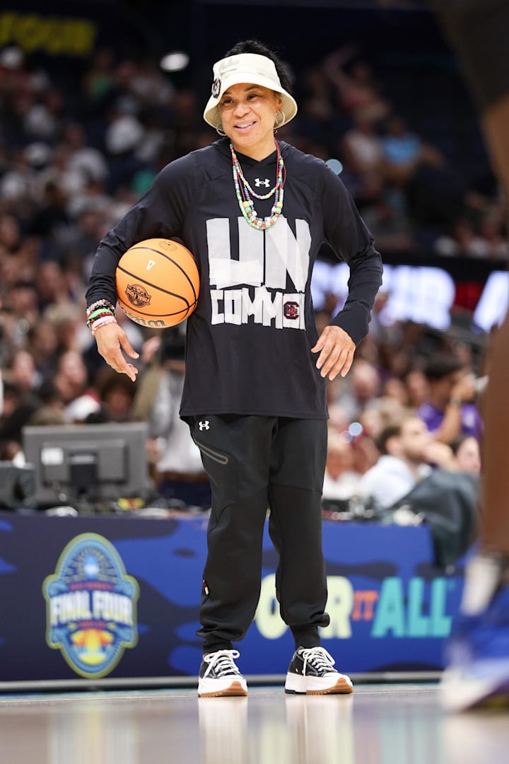 South Carolina Gamecocks  head coach Dawn Staley looks on during practice before the NCAA Woman’s Basketball final. 