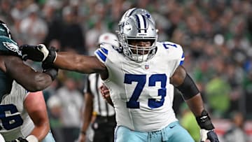 Dallas Cowboys guard Tyler Smith blocks against the Philadelphia Eagles at Lincoln Financial Field. 