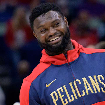 Nov 6, 2024; New Orleans, Louisiana, USA; New Orleans Pelicans forward Zion Williamson (1) smiles before a game against the Cleveland Cavaliers at Smoothie King Center. Mandatory Credit: Matthew Hinton-Imagn Images