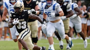 Purdue Boilermakers running back Elijah Jackson (33) runs the ball for a touchdown Saturday, Aug. 31, 2024, during the NCAA football game against the Indiana State Sycamores at Ross-Ade Stadium in West Lafayette, Ind. Purdue Boilermakers won 49-0.