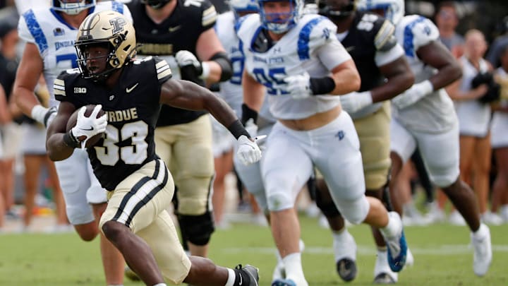 Purdue Boilermakers running back Elijah Jackson (33) runs the ball for a touchdown Saturday, Aug. 31, 2024, during the NCAA football game against the Indiana State Sycamores at Ross-Ade Stadium in West Lafayette, Ind. Purdue Boilermakers won 49-0.