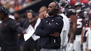 Nov 2, 2025; Houston, Texas, USA; Houston Texans head coach DeMeco Ryans during the first half against the Denver Broncos at NRG Stadium. Mandatory Credit: Thomas Shea-Imagn Images
