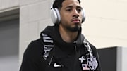 Jul 10, 2024; Las Vegas, Nevada, USA; USA guard Tyrese Haliburton (9) arrives before a game against Canada for the USA Basketball Showcase at T-Mobile Arena. Mandatory Credit: Candice Ward-USA TODAY Sports