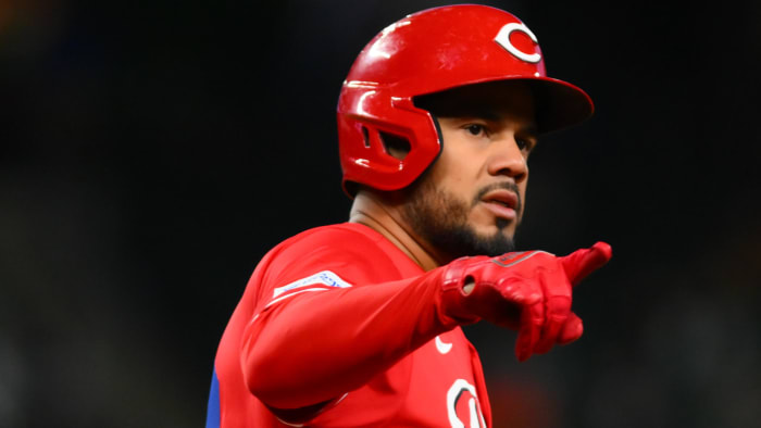 Apr 15, 2024; Seattle, Washington, USA; Cincinnati Reds third baseman Jeimer Candelario celebrates