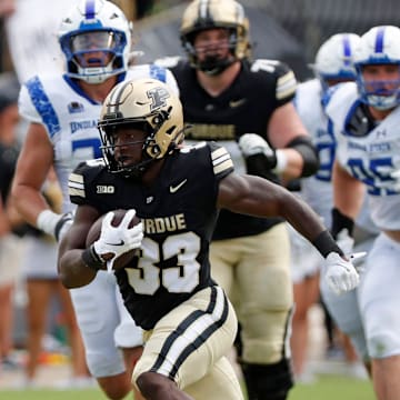 Purdue Boilermakers running back Elijah Jackson (33) runs the ball for a touchdown Saturday, Aug. 31, 2024, during the NCAA football game against the Indiana State Sycamores at Ross-Ade Stadium in West Lafayette, Ind. Purdue Boilermakers won 49-0.