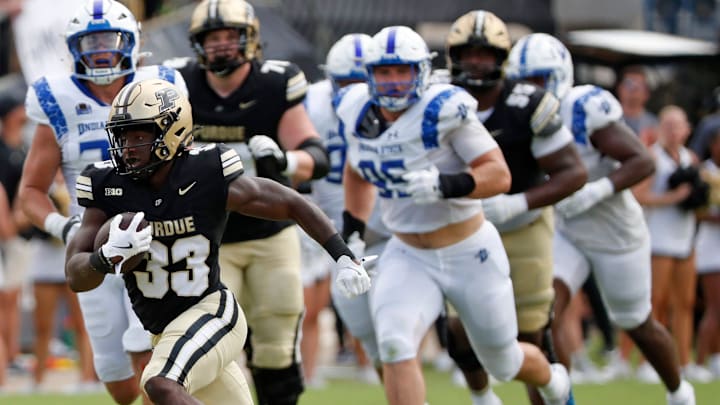 Purdue Boilermakers running back Elijah Jackson (33) runs the ball for a touchdown Saturday, Aug. 31, 2024, during the NCAA football game against the Indiana State Sycamores at Ross-Ade Stadium in West Lafayette, Ind. Purdue Boilermakers won 49-0.