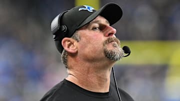 Detroit Lions head coach Dan Campbell reacts after the Bills score a touchdown.